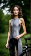 Placeholder: photography of a beautiful anorexic woman, grey satin triathlon top, brunette wavy bob haircut, flat chest, grey satin cycling leggins