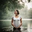 Placeholder: photography of a beautiful and happy woman, standing in lake water, eyes closed, meditation, white top, yoga flyer, brunette short wavy bob haircut, serenity, misty, relaxing image, white misty colors, foggy sunlight, high key