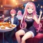 Placeholder: girl, masterpiece, best quality, cinematic lighting, detailed outfit, perfect eyes, long hair, pink hair, blue eyes, laughing, at restaurant, food, detailed background, wide view, god rays, sitting down,