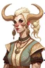 Placeholder: A teenaged tiefling woman with white blonde hair, pointy ears, a set of ram horns and another set of gazelle horns, fancy clothes,