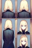 Placeholder: blonde girl whit jacket walk in a corridor, back view, line arts, manga style