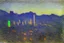 Placeholder: Night, cyberpunk buildings in the mountains, tendency to claude monet, tendency to science fiction, impressionism painting