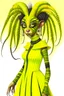 Placeholder: Artist Jean-Baptiste Monge style. A humanoid biomorph Zebra-Spider faced woman. Yellow eyes. A yellow striped ress, covered with spider legs.