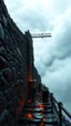Placeholder: Fire under narrow black stone path above the ground gradually getting higher into the clouds no railings, dangerous drop people in black leathers medievil period weather is wet spiraling into the clouds fantasy,