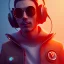 Placeholder: Bird toddler, smile, cyberpunk headphone, sunglass, gangsta neckless, full body, orange puffer jacket, tokio background, dramatic lighting, hyper realistic, unreal engine 5, 16k