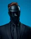 Placeholder: Full body shot Minimal modern black glass mask for a hero, wearing formal black suit with black shirt and black tie, stylish dynamic action fashion model pose, negative space on top of the image, beautiful minimal blue background, cinematic lighting, cinematic shot, highly detailed --chaos 20 --ar 51:91 --style raw --stylize 250 --profile 42m95nk
