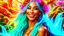 Placeholder: Photo realistic portrait of a gorgeous smiling skinny polynesian goddess with a golden dark shining skin, long smooth clear turquoise blue and pink white hair, blue eyes, in a sci-fi outfit with luminous strikes blowing a kiss in a hill of flowers with sakura trees, a waterfall, a crystal palace, loads of mini flowers, moss, sun rays through the branches, particles in the air at spring. Intricated details,