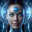 Placeholder: beautiful smiling cyborg woman face in full view, blue rays and numbers fly around the head , photorealism, perfect composition, cinematic frame, complex details, hyper-detailed