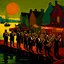 Placeholder: Vivid color oil painting of a brass band standing on the pier in front of a small fishing harbor, orchestra, jazz club 1 9 3 0 seconds, band playing instruments, musician, musicians, band, musicians playing instruments, the last orchestra, conductor, by Aaron Douglas , Jazz Quintet, by Carey Morris, band player, concert, by Baron Storey, entertainer, by Jasper Knudsen, silhouettes