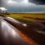 Placeholder: hyperrealistic shot, off-road truck, speeding, earth color palette, sharp focus, puddle reflection, tire water splash, refraction, rain and lightning on the horizon, shadowcast, detailed and intricate, cinematic composition, tilt shift photography