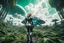 Placeholder: Wide angle photo of a sci-fi woman with blond hair, silver and black futuristic spacesuit looking android-like, standing on an derelict alien jungle planet with cloud trees in multiple green hues