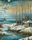 Placeholder: Richly textured Hieronymus Bosch, Catrin Welz-Stein, William Turner, Zdzisław Beksiński, Jacek Yerka oil on canvas zentangle line art style mix, surreal frosted fantasyland winter oceanscape, hoarfrost on trees, high grasses, snow and cottages, withered flowers, pale sunrise; paint splatter, beautiful vibrant colors, reflections, SK, flying seagulls, dramatic clouds, snowfall.