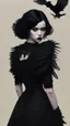 Placeholder: painting by koson ohara and marta bevacqua, portrait of a beautiful goth woman with black hair Caress a crow, wearing a black dress, 8k, high quality, highly detailed full body