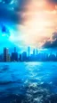 Placeholder: Fantasy world experiencing flood of a big city half covered with water and The sky is clouded with smoke