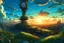 Placeholder: overhead shot, scify city, steampunk, evening time , sun set, plants, grasses, blue sky, dynamic white clouds, magnificent, vibrant, hdr, 4k, 8k, anime vector art, low angle shot, aesthetic, Mysterious sketch