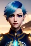 Placeholder: Cyborg anime warrior, light blue hair, short and messy hairstyle, pierced ears, golden eyes, clear complexion waist up portrait, 8k resolution, intricate details, ornate details, soft lighting, vibrant colors, retroanime, masterpiece, intricate eyeliner, dark eyeshadow, eyes, intricate tattoos, futuristic cityscape background