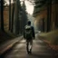 Placeholder: a lonely figure with a backpack, leaving a metropole, on a road, into a forest, photo quality