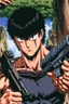 Placeholder: Guts from Berserk holds a revolver gun to his head.