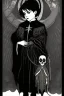 Placeholder: 7 year old boy, necromancer, friendly, looks dead,with a long lamprey emerging from his belly , wearing black robes, in the style of Harry Clarke