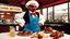 Placeholder: high res photo the colors are bold and vibrant, with a warm, nostalgic hue (by Helmut Newton) a cooked chicken is dancing on the diner table! the captain Sanders (KFC cap) has a big gun and tries to kill the chicken