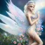 Placeholder: fantasy fairy with transparent wings, smiling, make up, long platinum blond hair with crown and flowers, arcoris dress