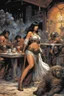 Placeholder: Ernie Chan Savage Sword of Conan #22: In a bustling café, the Wounded Gallic Warrior and the woman resembling the Sleeping Hermaphrodite find solace amidst the chaos of the modern world. His tattered armor and fur-lined cloak clash with the contemporary setting, drawing curious glances. Her flowing garments blend seamlessly with both ancient and modern realms. Their eyes meet, conveying determination and empathy. The warrior confesses his struggle with the unfamiliar surroundings, seeking guidan