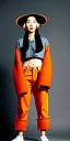 Placeholder: Young fleshy Korean woman black hair. thick thigh, thick calves. Style futurism, 1990's, rough street style.Mantle is sewed of recycled Denim and sewed together of camouflage pieces.Big headphones, with gold rings, is merged with small felt cap with small visor. A bag is integrated to the mantle. Patterns are composed of orange, cream, blue, lilac and purple. blue latex somewhere. It is with big bright purple felt tippet and cream-colored-hood. mantle is merged with tippet.