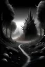 Placeholder: dark fantasy, road to gothic city, spiky growth forest, little beast, black and white
