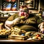 Placeholder: patriotic repulican fat american eating fries in his messy kitchen