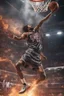 Placeholder: 8k, highly realistic and detailed image of a NBA basketball player in action dunking the ball in the net, sweaty hair, screaming look,action and smoke and flames background