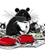 Placeholder: Vector illustration of a (((large rat sitting))) at a banquet table, eating a (((large cheese))), sitting at the same table, (((other rats watching the large rat eat))). White, red and black colors