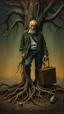 Placeholder: Bosch painting style nightmare, a man with tree roots legs planted in the ground , with an old travelers suitcase , dramatic sad scene, fantasy, scary.