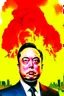 Placeholder: A volcano exploding over a New York City, inside the explosion flame Elon Musk face ,