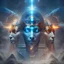 Placeholder: Ra, Osiris and Horus three heads in one glowing eyes in the cosmic fog