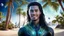 Placeholder: beautiful gorgeous young man na'vi with long hair, Avatar, blue skin, two small ears, green eyes, black hair, in cosmic suit, galactic ambiance, medium pointy goatee , smiling, with spaceship and planets and palm trees and clear crystaline cosmic beach in background