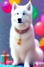 Placeholder: Cute, fluffy, happy looking white Samoyed dog, colorful, summer time, birthday, festive atmosphere, detailed, congratulating