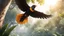 Placeholder: Hyper Realistic photographic-view of the same Koel-Bird Flying in a beautiful flower garden with extensive background in landscape mode