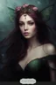 Placeholder: Frogs Water lilies Dark burgundy red long hair Dark Fairy princess rapunzel hair queen crown butterflies dragonflies fireflies elven tiara flowers fairy wings emerald moss