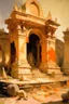 Placeholder: A light rosy orange colored ruined temple with sundials painted by John Singer Sargent