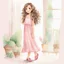 Placeholder: watercolor, full body, different poses, cute smile girl, curly hair, big eyes, long brown hair, pink dress, pink shoes, white backgrownd