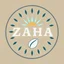 Placeholder: A circular logo with the name (ZAHA) designed for a cafe with the symbol of the sun and turquoise and indigo colors and a coffee bean.