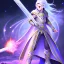 Placeholder: cosmic mage, elf, male, battle mage, cosmic sword, epic, cosmic magic, staff, long ears, white hair