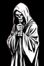 Placeholder: hooded Grim-Reaper gripping a staff with both hands, vignette, black and white graphic novel style with a red outline on black background,