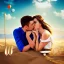 Placeholder: 2 lovers last kiss in sand island with tent and river background