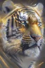 Placeholder: A beautiful 3D imaginative art painting of a majestic fierce tiger with glittering shiny colourful stripes with it's glittering eyes shining like the sun and in the background an abstract art splash of gold and silver