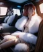 Placeholder: Ultra realistic back seat of limousine image, wide angle view, Alice woman and white rabbit man, many color balls, circus clothing, long hair, smoke, feather long coat, soft color, highly detailed, unreal engine 5, ray tracing, RTX, lumen lighting, ultra detail, volumetric lighting, 3d, finely drawn, high definition, high resolution.