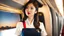 Placeholder: A gorgeous Asian model in an air hostess uniform looking out of the window at sunset