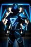 Placeholder: cyberpunk, neon blue, floating triangle of light behind the back, cyber armor, geometric patterns on an armor, male, orbiting triangle