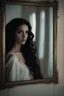 Placeholder: Close up of a beautiful woman with long curly black hair looking at a mirror but her reflection in the mirror is a dark demon with intense scary eyes. Super realistic, 8k high quality