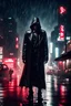 Placeholder: Sin city, killer dripping blood, night full of stars, savage, Alone, mysterious, hidden face, clam and relaxed, killer, leather long coat, male,rain